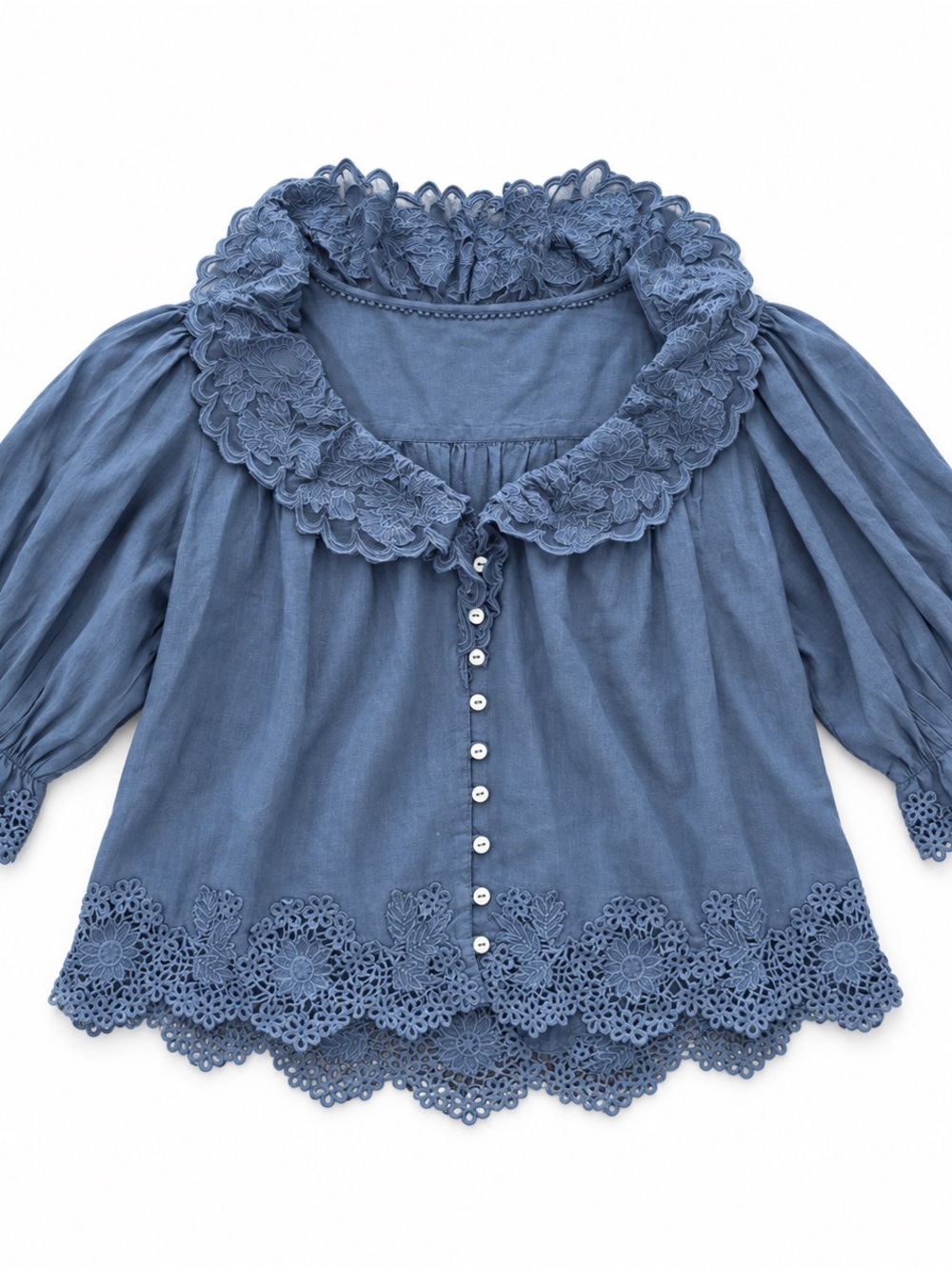 Anthropologie Blue Lace-Collar Button Front Blouse